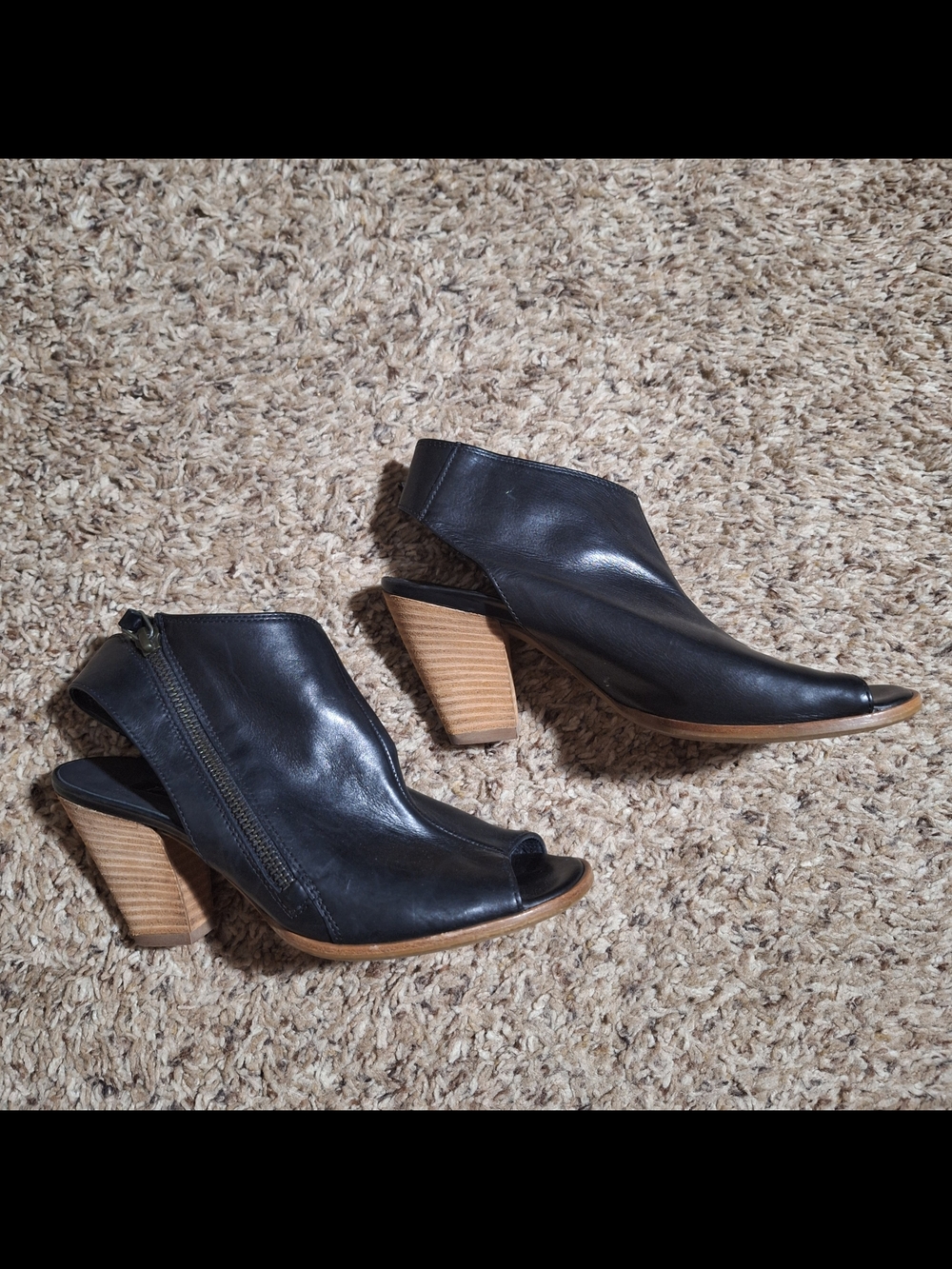 Paul Green Black Leather Peep Toe Slingback Bootie Stacked Wood Heel - Picture 2 of 7